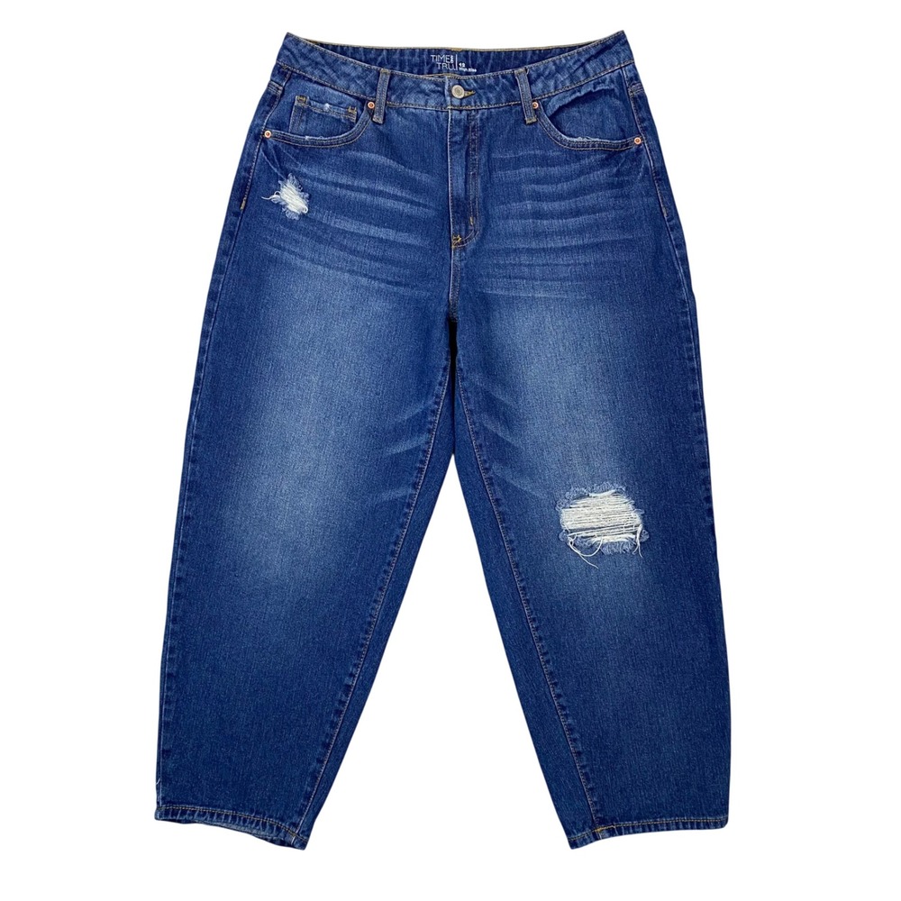 Time and Tru High Rise Distressed Barrel Leg Denim Cropped Jeans Womens 12 Blue‎